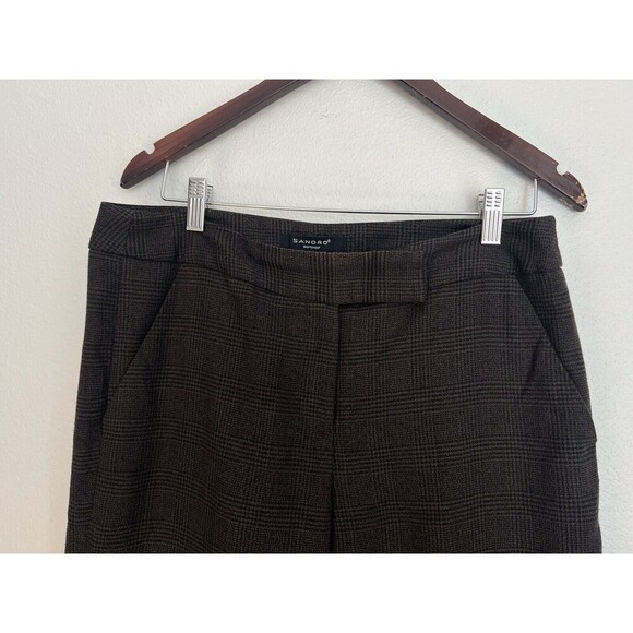 Sandro Sportswear Women Brown Plaid Cropped Trousers Dark Academia Preppy Size 8 - Picture 2 of 6